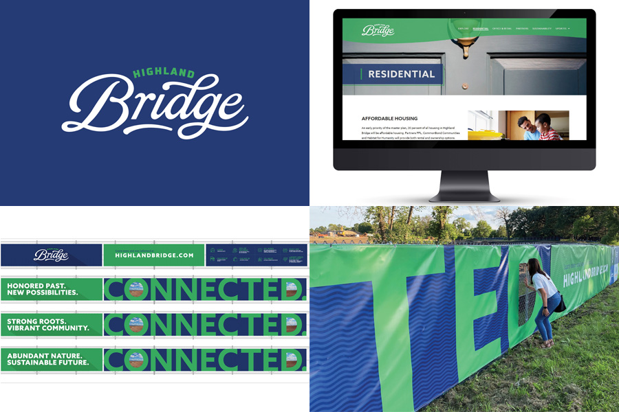 Four images showcase the brand development work Yellow Truck Creative executed for the Highland Bridge mixed-use development in St. Paul, Minn.