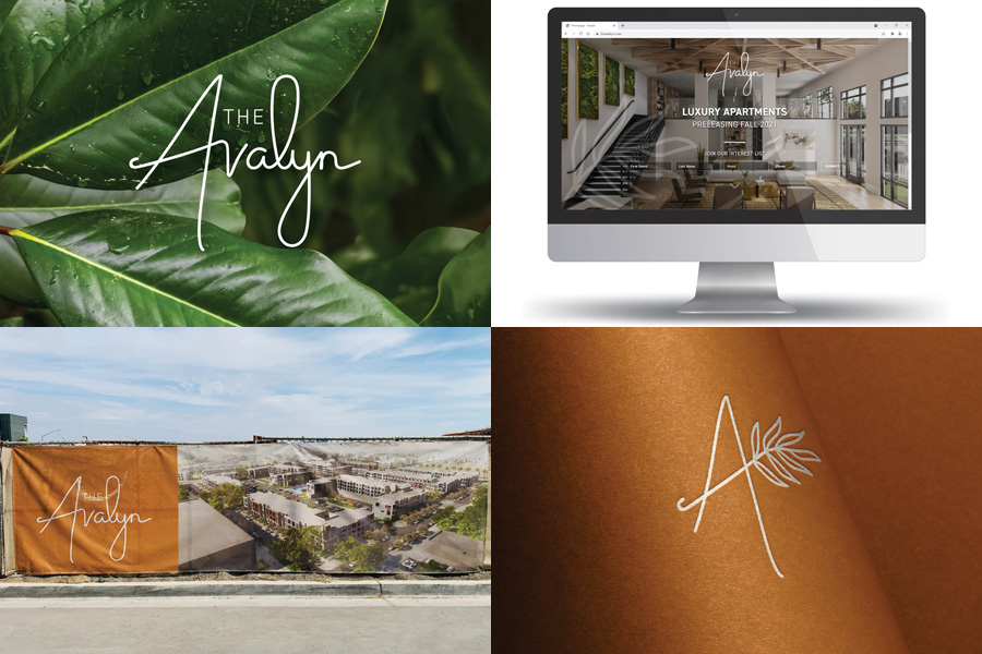 Four images showcase the brand development work Yellow Truck Creative executed for The Avalyn, a luxury apartment complex in Chula Vista, Calif.