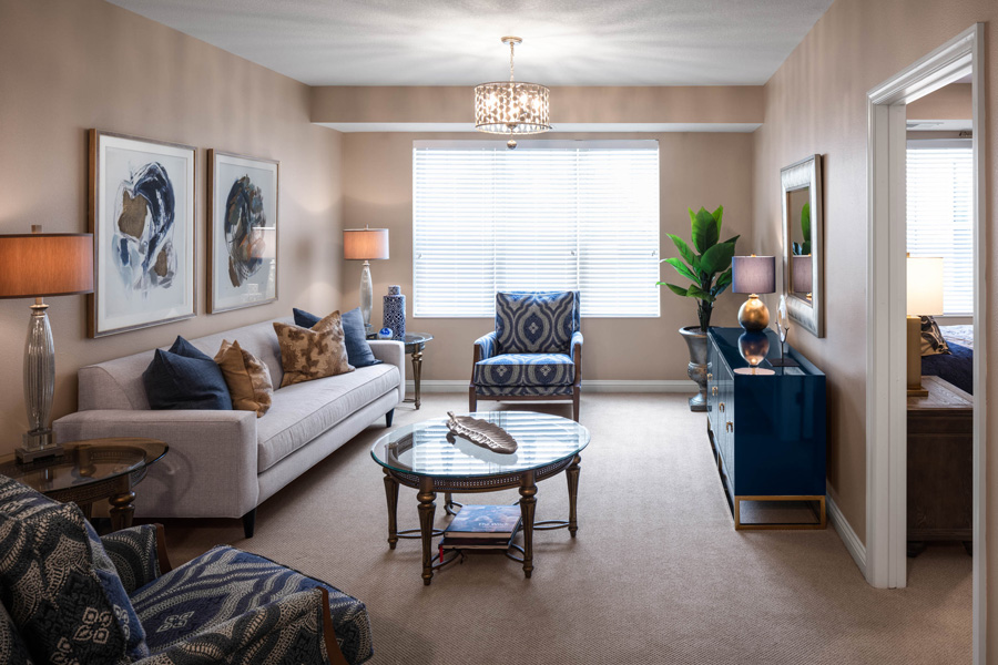 The view of a living room at Grand Living at Tower Place.