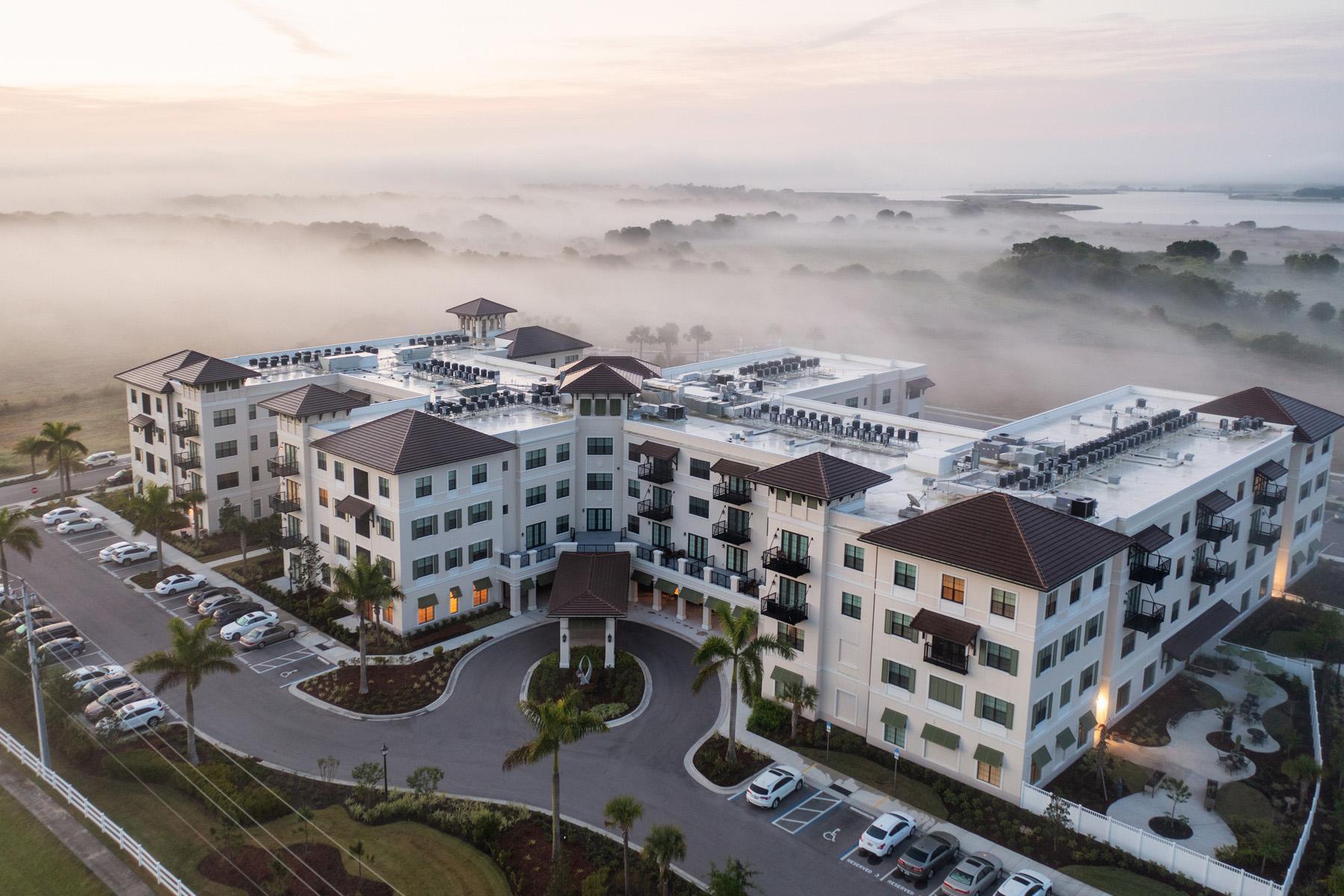 An aerial view of Grand Living at Lakewood Ranch, a senior living community located in Sarasota, Florida.