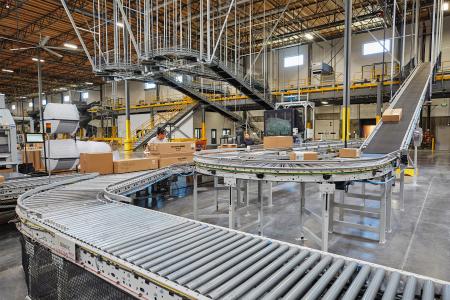 A conveyor belt inside a distribution warehouse.